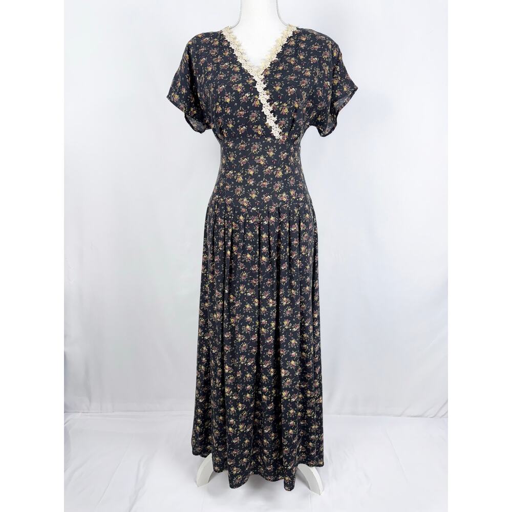 Joni Blair Women's Vintage Floral Prairie Cottagecore Maxi Dress Size 7 Black